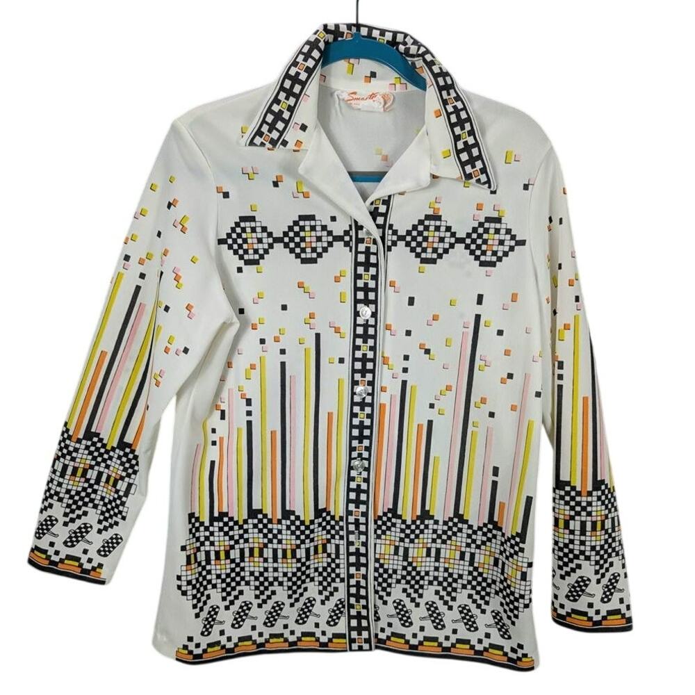 Vtg Smartique Shirt Womens Large White Geometric Button up Airplane Checkered